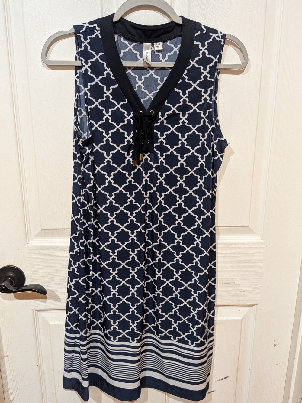 Tacera Navy and White Sleeveless Trellis Print Dress with V-Neck Tie PM